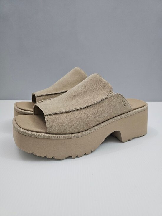 UGG New Heights Slide Platform Sandal Womens 12 Neutral Beige Suede Chunky NEW